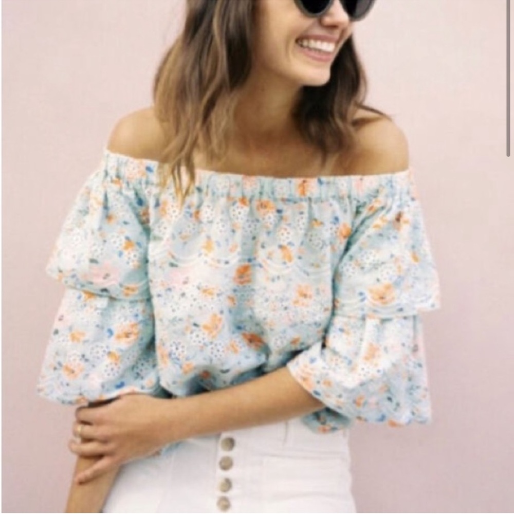Anthropologie LAIA Ashtabula floral eyelet top blue off the shoulder sz Large